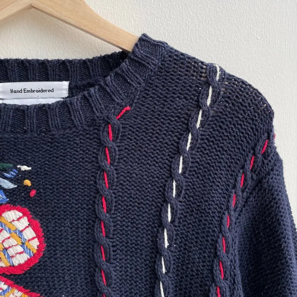Vintage Hand Embroidered Chunky Cottagecore Navy Sweater - Size L